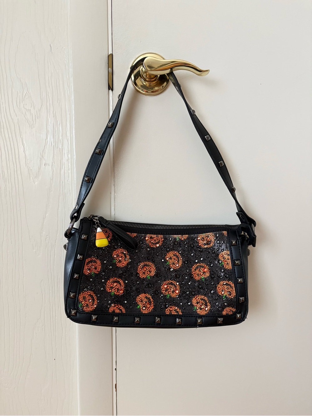 Betsey Johnson Smashing Black Shoulder Bag with Pumpkins Halloween Rhinestones